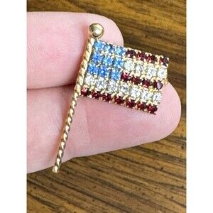 Vintage Patriotic‎ Faux RHINESTONE USA Flag Pin Gold -Tone Brooch Fashion